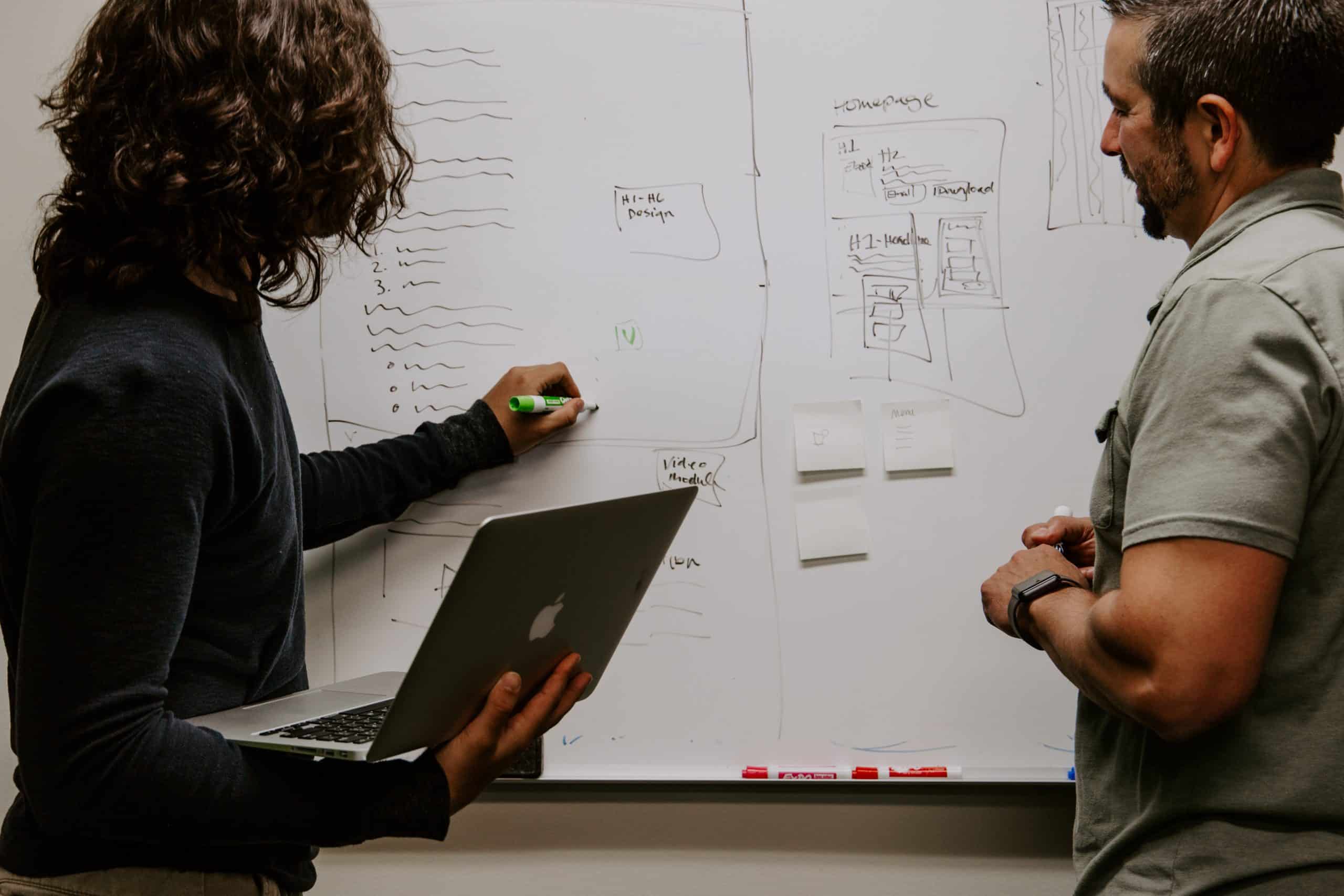 UX Strategy Consultants planing a strategy on a whiteboard